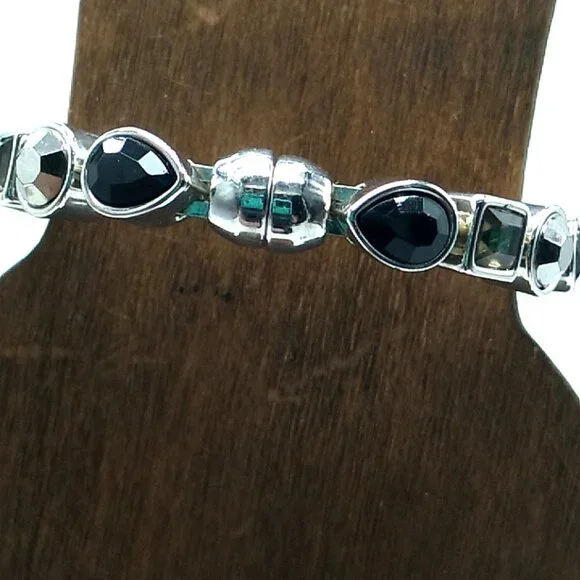 Black and Gray Crystal Stackable Silver-tone Bracelet Magnetic Clasp - Picture 5 of 11